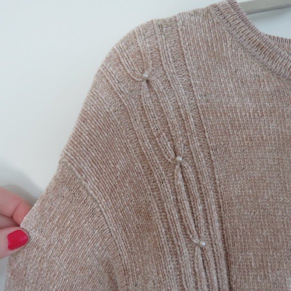 VINTAGE 90s Chenille Beige Tan Embroidered Cable Knit Crew Neck Tunic Sweater - Picture 8 of 15